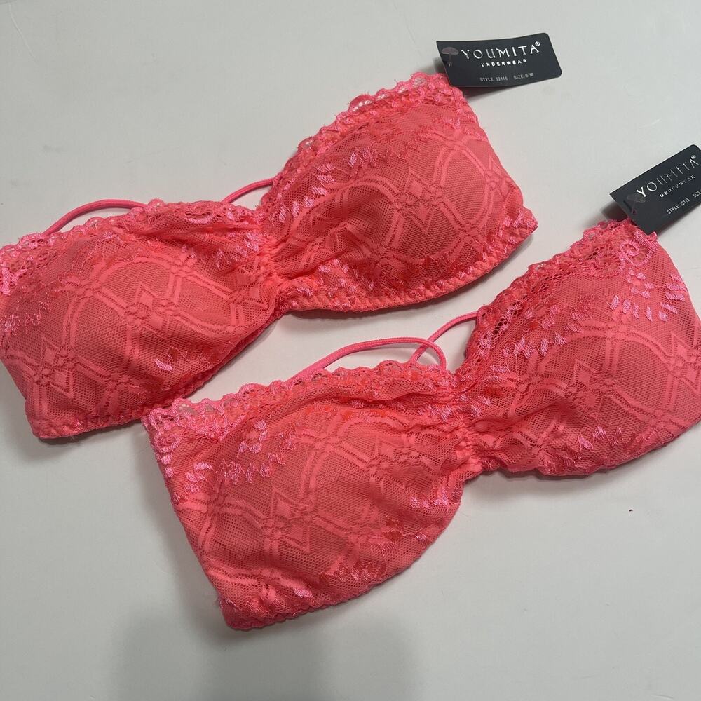 2‎ Pack Strapless Bra Tube Stretch Lace Floral Sexy Top Bandeau Padded Peach S/M